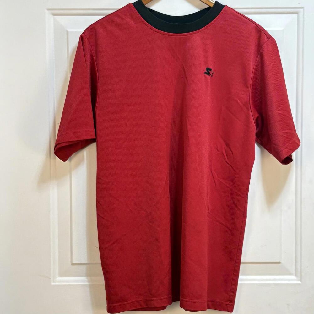 Starter Shirt Kids Large Red Black Crewneck‎ Short Sleeve Athletic Polyester Tee